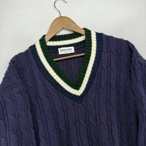 Vintage New Era Sweater Men's Medium Blue Chunky Cable Knit Tennis Cricket USA - Picture 1 of 10